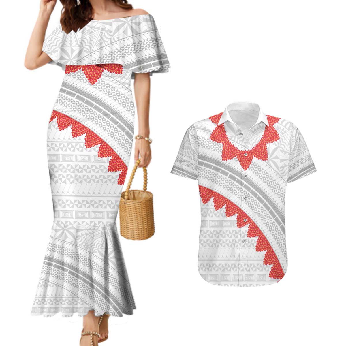 Tonga White Sunday Couples Matching Mermaid Dress and Hawaiian Shirt Heilala Flowers Tongan Ngatu Pattern LT14 White - Polynesian Pride