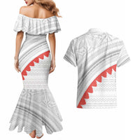 Tonga White Sunday Couples Matching Mermaid Dress and Hawaiian Shirt Heilala Flowers Tongan Ngatu Pattern LT14 - Polynesian Pride