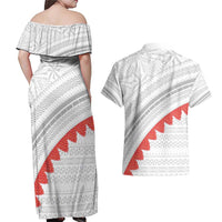 Tonga White Sunday Couples Matching Off Shoulder Maxi Dress and Hawaiian Shirt Heilala Flowers Tongan Ngatu Pattern LT14 - Polynesian Pride