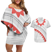 Tonga White Sunday Couples Matching Off Shoulder Short Dress and Hawaiian Shirt Heilala Flowers Tongan Ngatu Pattern LT14 White - Polynesian Pride