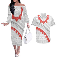 Tonga White Sunday Couples Matching Off The Shoulder Long Sleeve Dress and Hawaiian Shirt Heilala Flowers Tongan Ngatu Pattern LT14 White - Polynesian Pride