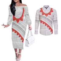 Tonga White Sunday Couples Matching Off The Shoulder Long Sleeve Dress and Long Sleeve Button Shirt Heilala Flowers Tongan Ngatu Pattern LT14 White - Polynesian Pride