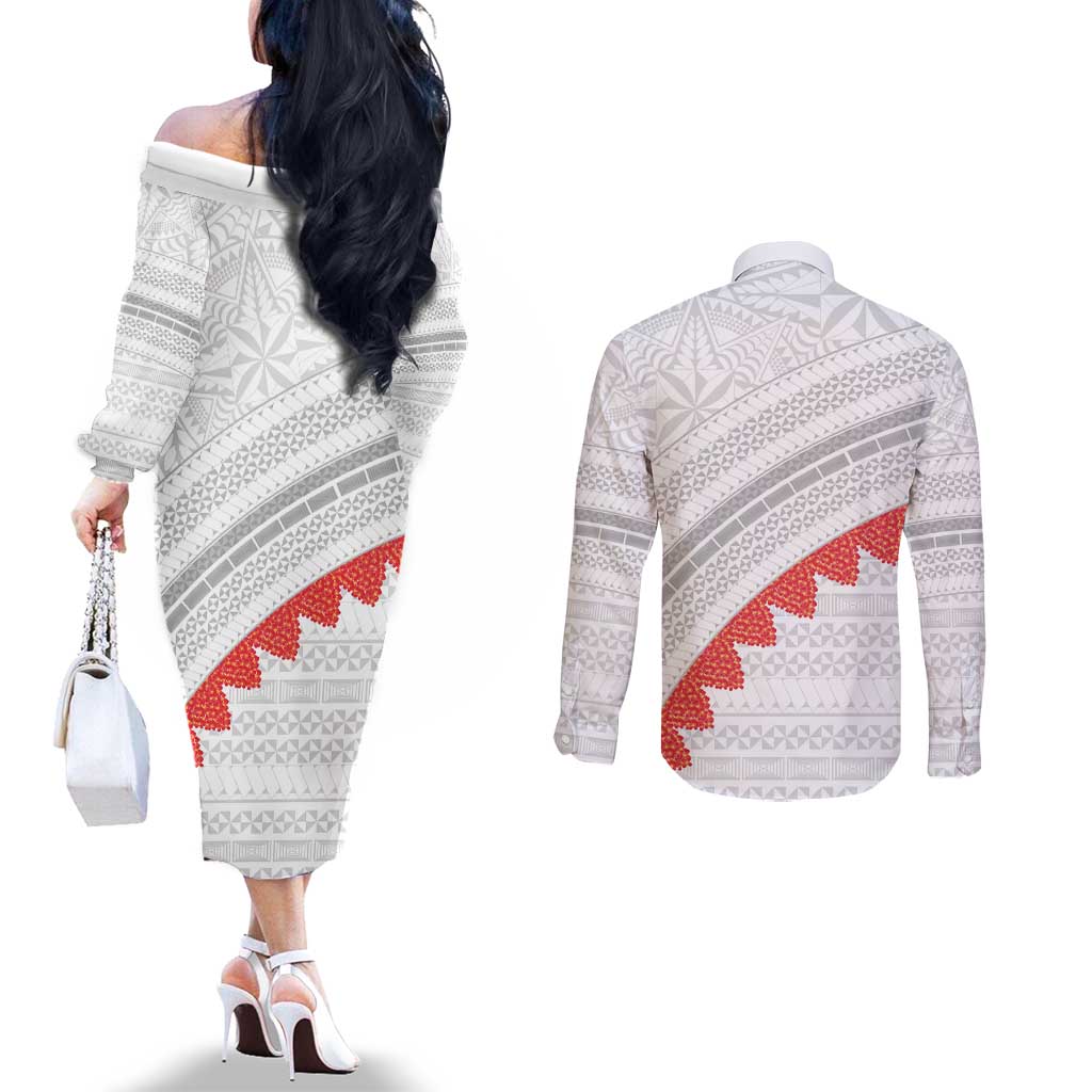Tonga White Sunday Couples Matching Off The Shoulder Long Sleeve Dress and Long Sleeve Button Shirt Heilala Flowers Tongan Ngatu Pattern LT14 - Polynesian Pride