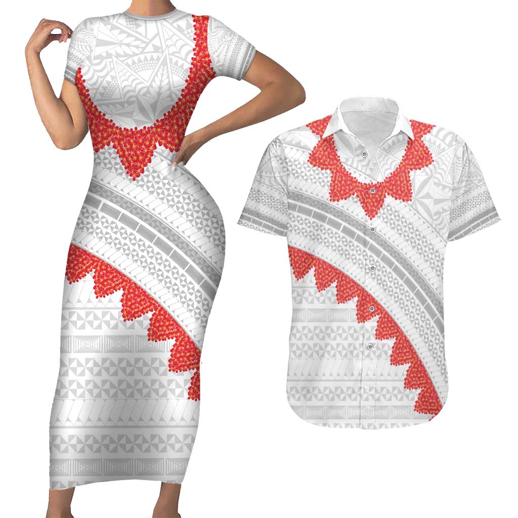 Tonga White Sunday Couples Matching Short Sleeve Bodycon Dress and Hawaiian Shirt Heilala Flowers Tongan Ngatu Pattern LT14 White - Polynesian Pride