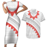 Tonga White Sunday Couples Matching Short Sleeve Bodycon Dress and Hawaiian Shirt Heilala Flowers Tongan Ngatu Pattern LT14 White - Polynesian Pride