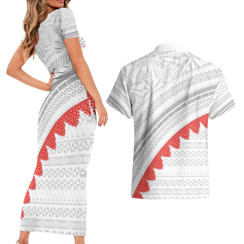 Tonga White Sunday Couples Matching Short Sleeve Bodycon Dress and Hawaiian Shirt Heilala Flowers Tongan Ngatu Pattern LT14 - Polynesian Pride