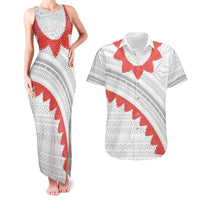 Tonga White Sunday Couples Matching Tank Maxi Dress and Hawaiian Shirt Heilala Flowers Tongan Ngatu Pattern LT14 White - Polynesian Pride