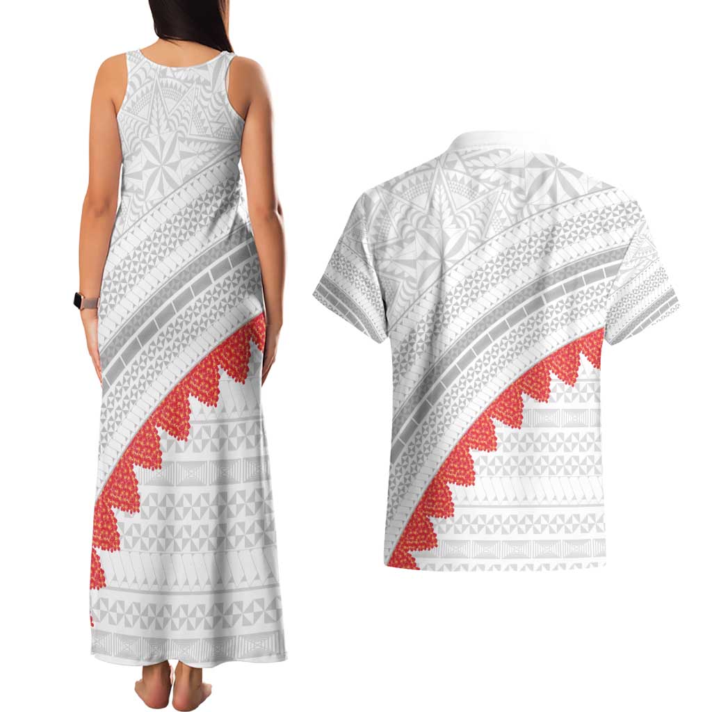 Tonga White Sunday Couples Matching Tank Maxi Dress and Hawaiian Shirt Heilala Flowers Tongan Ngatu Pattern LT14 - Polynesian Pride