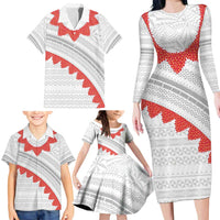 Tonga White Sunday Family Matching Long Sleeve Bodycon Dress and Hawaiian Shirt Heilala Flowers Tongan Ngatu Pattern LT14 - Polynesian Pride