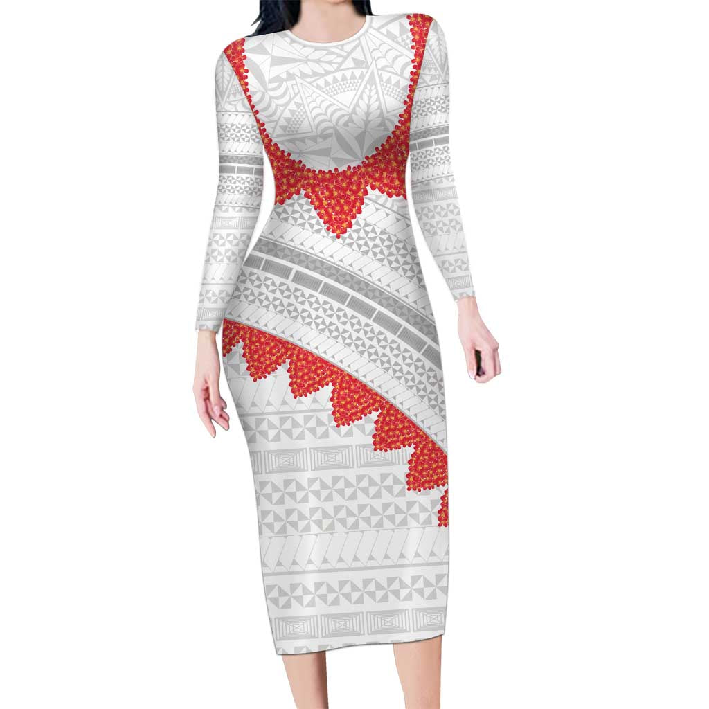 Tonga White Sunday Family Matching Long Sleeve Bodycon Dress and Hawaiian Shirt Heilala Flowers Tongan Ngatu Pattern LT14 Mom's Dress White - Polynesian Pride