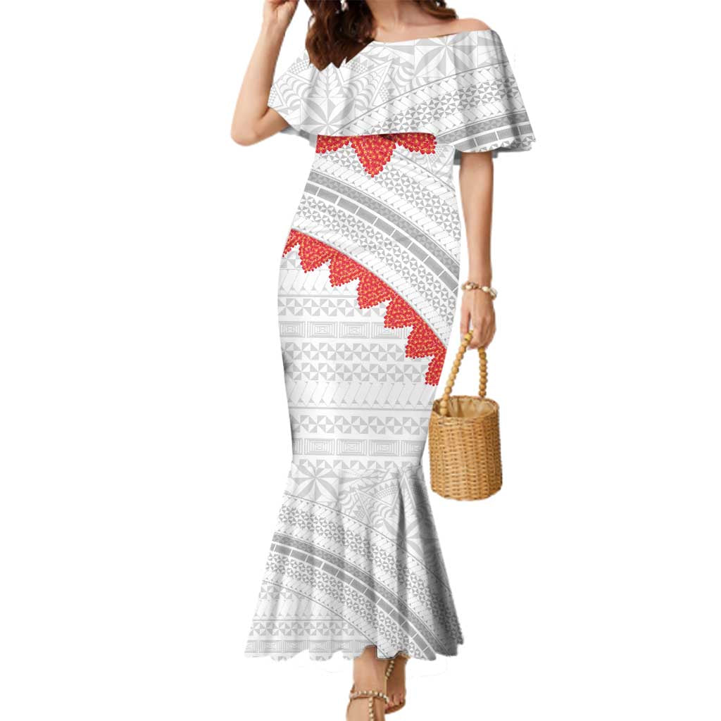 Tonga White Sunday Family Matching Mermaid Dress and Hawaiian Shirt Heilala Flowers Tongan Ngatu Pattern LT14 Mom's Dress White - Polynesian Pride