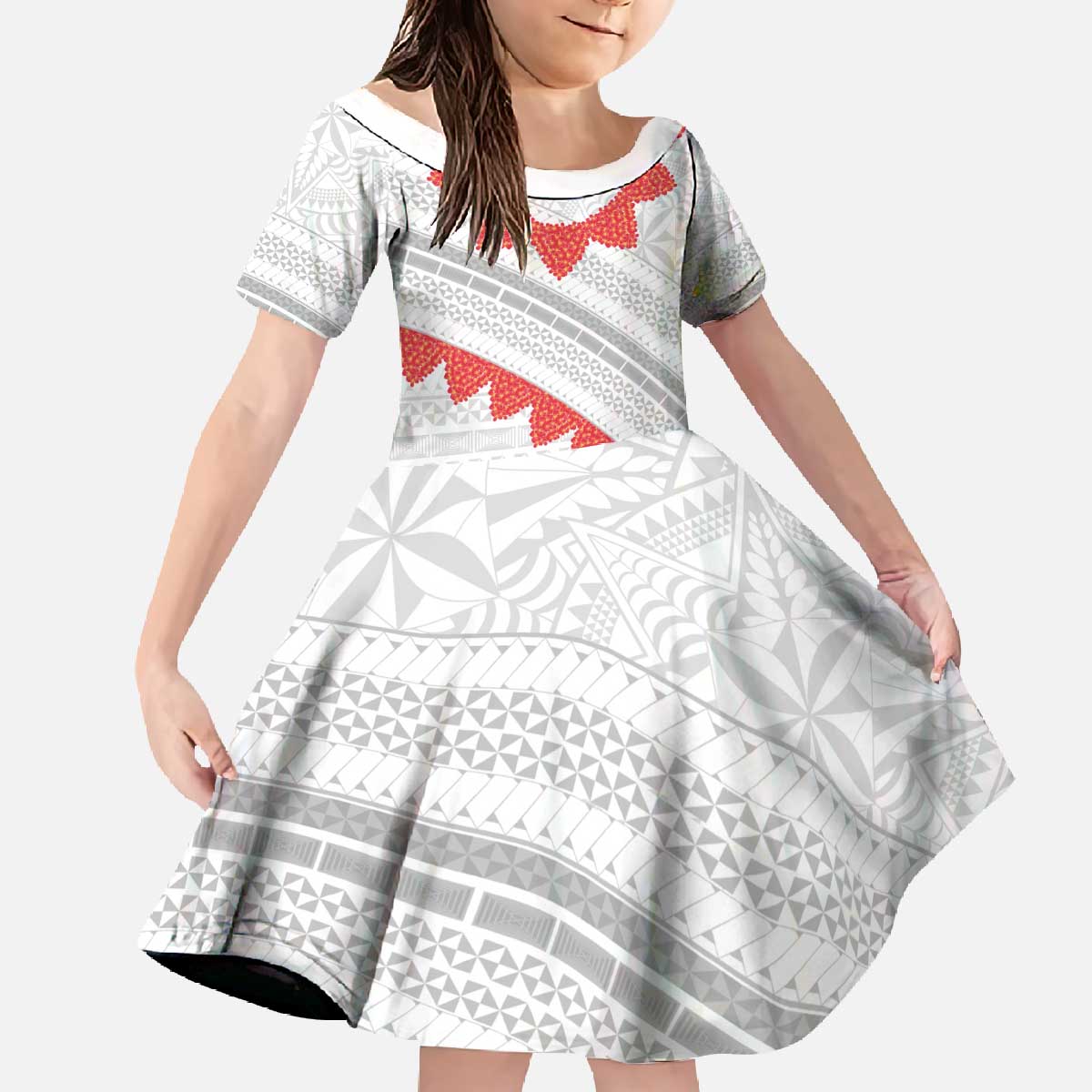 Tonga White Sunday Family Matching Off The Shoulder Long Sleeve Dress and Hawaiian Shirt Heilala Flowers Tongan Ngatu Pattern LT14 Daughter's Dress White - Polynesian Pride
