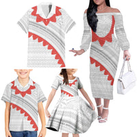 Tonga White Sunday Family Matching Off The Shoulder Long Sleeve Dress and Hawaiian Shirt Heilala Flowers Tongan Ngatu Pattern LT14 - Polynesian Pride