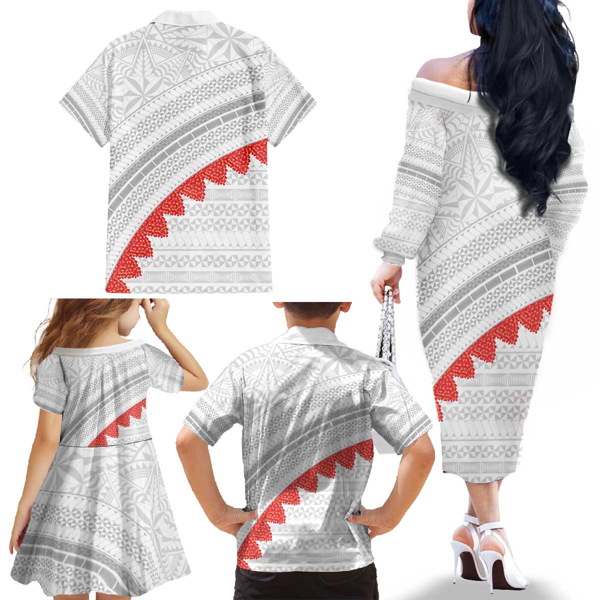 Tonga White Sunday Family Matching Off The Shoulder Long Sleeve Dress and Hawaiian Shirt Heilala Flowers Tongan Ngatu Pattern LT14 - Polynesian Pride