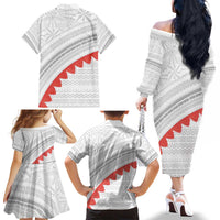 Tonga White Sunday Family Matching Off The Shoulder Long Sleeve Dress and Hawaiian Shirt Heilala Flowers Tongan Ngatu Pattern LT14 - Polynesian Pride