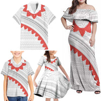 Tonga White Sunday Family Matching Off Shoulder Maxi Dress and Hawaiian Shirt Heilala Flowers Tongan Ngatu Pattern LT14 - Polynesian Pride