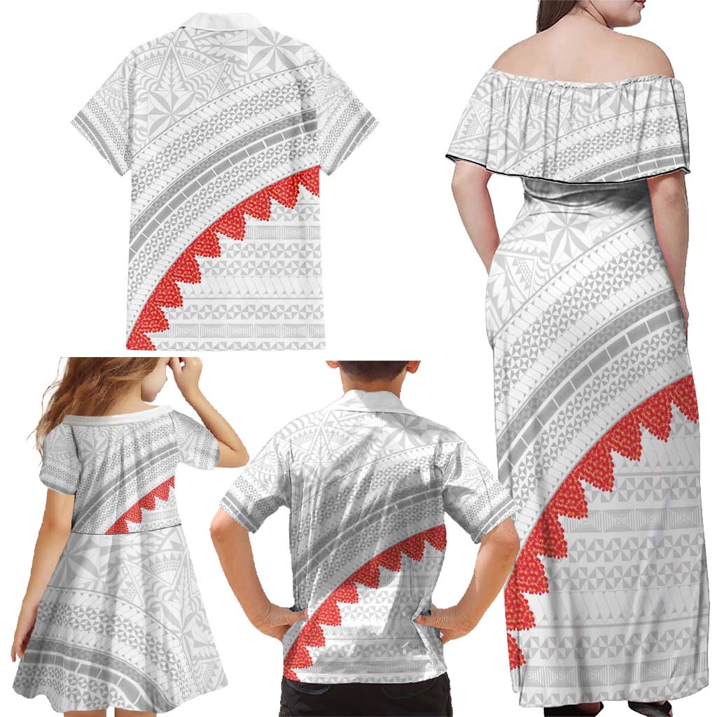 Tonga White Sunday Family Matching Off Shoulder Maxi Dress and Hawaiian Shirt Heilala Flowers Tongan Ngatu Pattern LT14 - Polynesian Pride