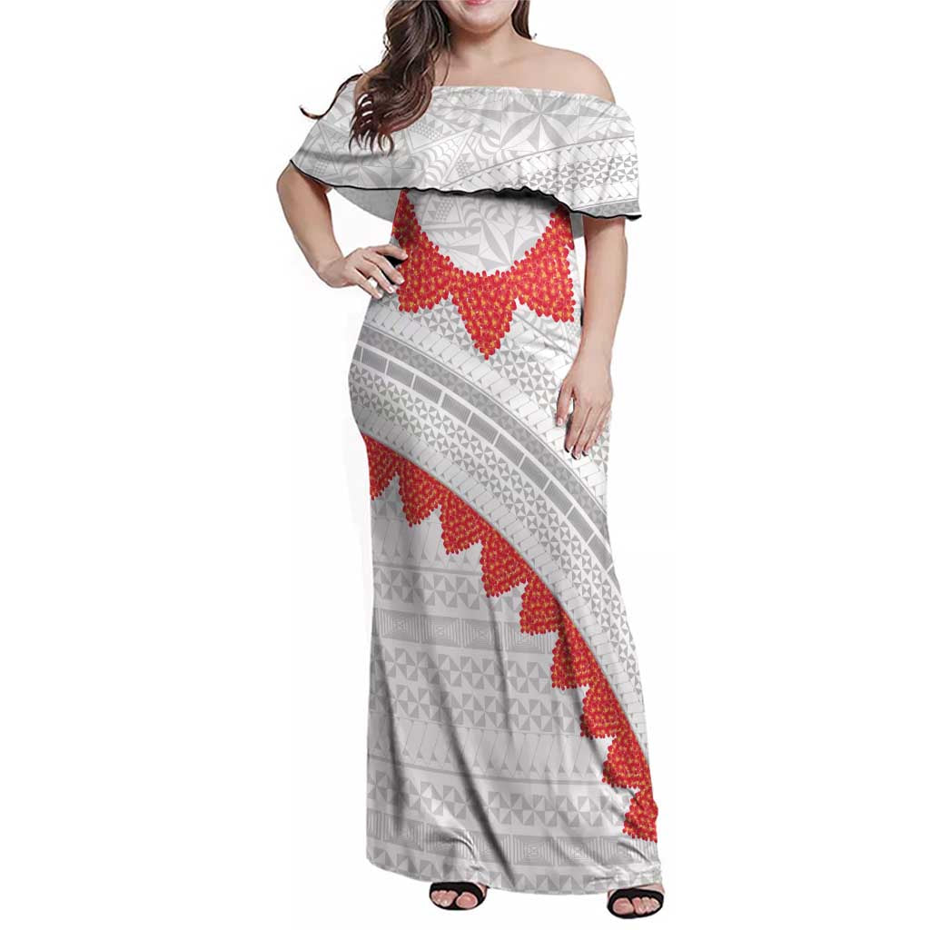 Tonga White Sunday Family Matching Off Shoulder Maxi Dress and Hawaiian Shirt Heilala Flowers Tongan Ngatu Pattern LT14 Mom's Dress White - Polynesian Pride
