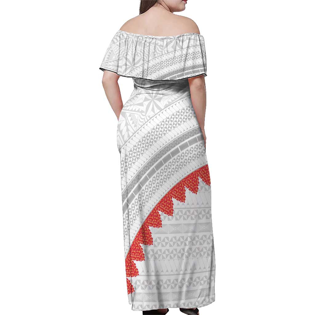 Tonga White Sunday Family Matching Off Shoulder Maxi Dress and Hawaiian Shirt Heilala Flowers Tongan Ngatu Pattern LT14 - Polynesian Pride