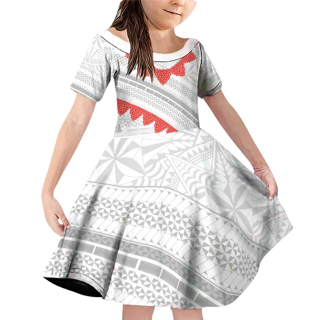 Tonga White Sunday Family Matching Off Shoulder Short Dress and Hawaiian Shirt Heilala Flowers Tongan Ngatu Pattern LT14 Daughter's Dress White - Polynesian Pride