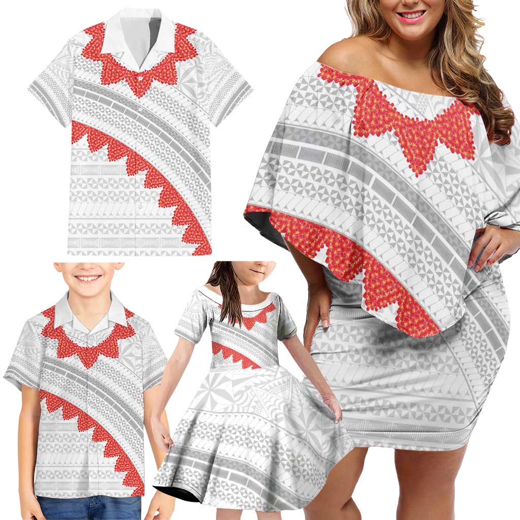 Tonga White Sunday Family Matching Off Shoulder Short Dress and Hawaiian Shirt Heilala Flowers Tongan Ngatu Pattern LT14 - Polynesian Pride
