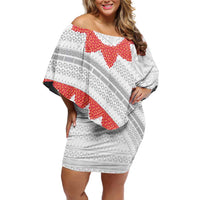 Tonga White Sunday Family Matching Off Shoulder Short Dress and Hawaiian Shirt Heilala Flowers Tongan Ngatu Pattern LT14 Mom's Dress White - Polynesian Pride