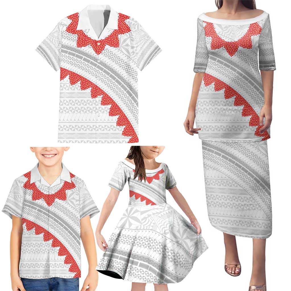 Tonga White Sunday Family Matching Puletasi and Hawaiian Shirt Heilala Flowers Tongan Ngatu Pattern LT14 - Polynesian Pride