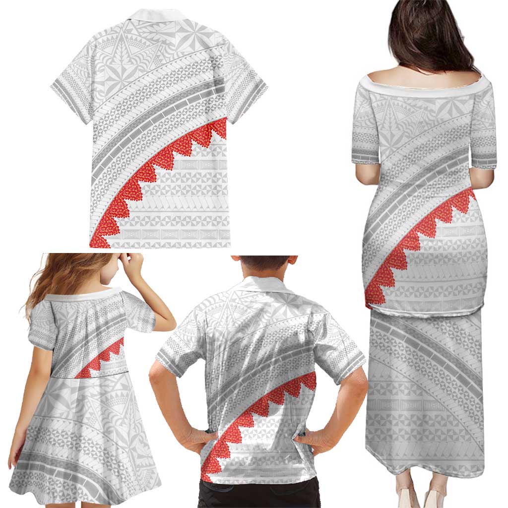 Tonga White Sunday Family Matching Puletasi and Hawaiian Shirt Heilala Flowers Tongan Ngatu Pattern LT14 - Polynesian Pride