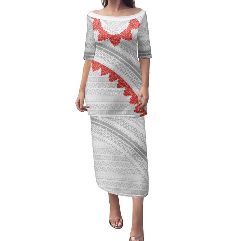 Tonga White Sunday Family Matching Puletasi and Hawaiian Shirt Heilala Flowers Tongan Ngatu Pattern LT14 Mom's Dress White - Polynesian Pride