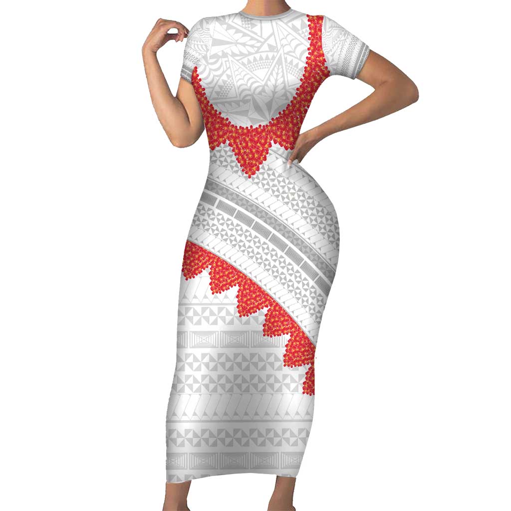 Tonga White Sunday Family Matching Short Sleeve Bodycon Dress and Hawaiian Shirt Heilala Flowers Tongan Ngatu Pattern LT14 Mom's Dress White - Polynesian Pride