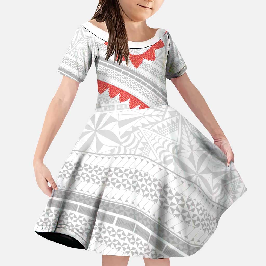 Tonga White Sunday Family Matching Summer Maxi Dress and Hawaiian Shirt Heilala Flowers Tongan Ngatu Pattern LT14 Daughter's Dress White - Polynesian Pride
