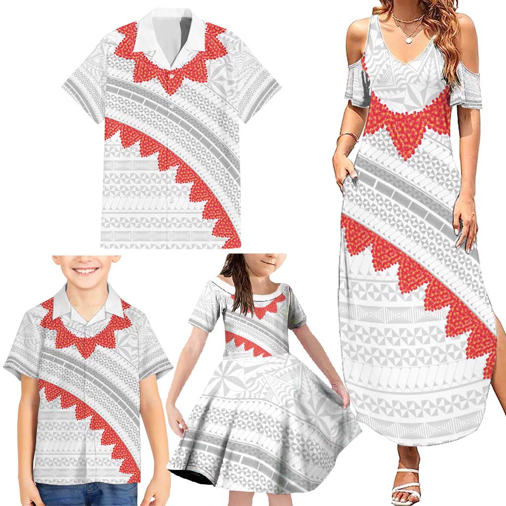 Tonga White Sunday Family Matching Summer Maxi Dress and Hawaiian Shirt Heilala Flowers Tongan Ngatu Pattern LT14 - Polynesian Pride