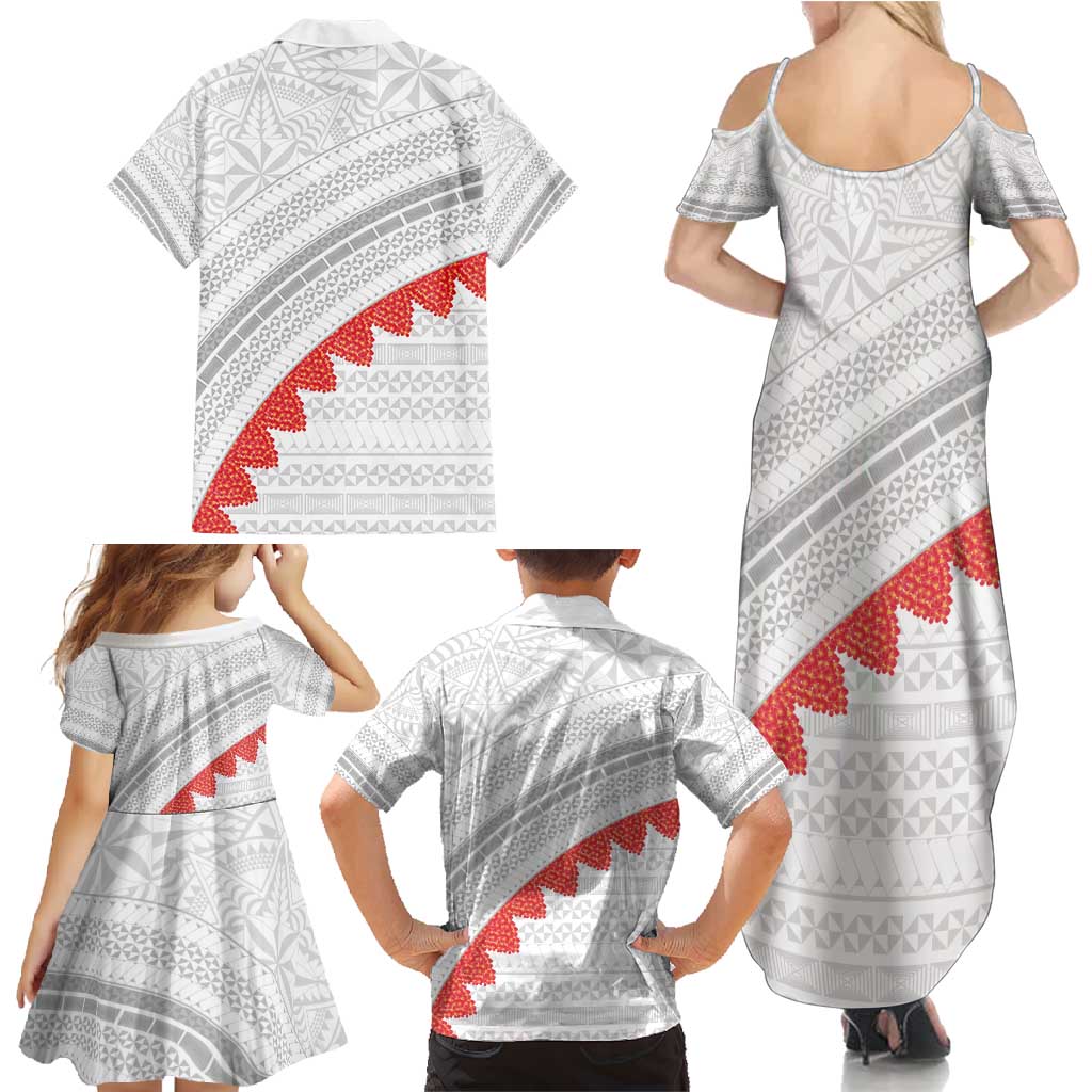 Tonga White Sunday Family Matching Summer Maxi Dress and Hawaiian Shirt Heilala Flowers Tongan Ngatu Pattern LT14 - Polynesian Pride