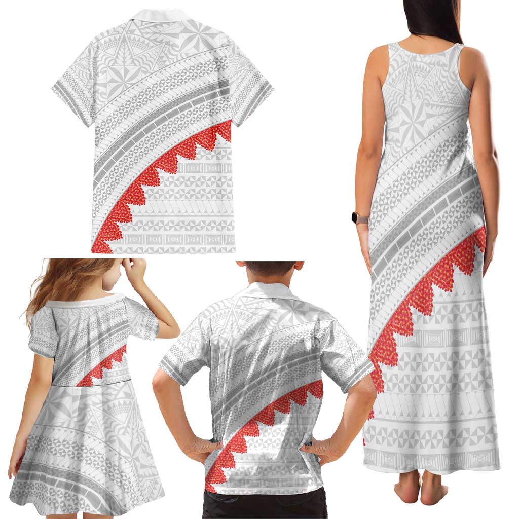 Tonga White Sunday Family Matching Tank Maxi Dress and Hawaiian Shirt Heilala Flowers Tongan Ngatu Pattern LT14 - Polynesian Pride