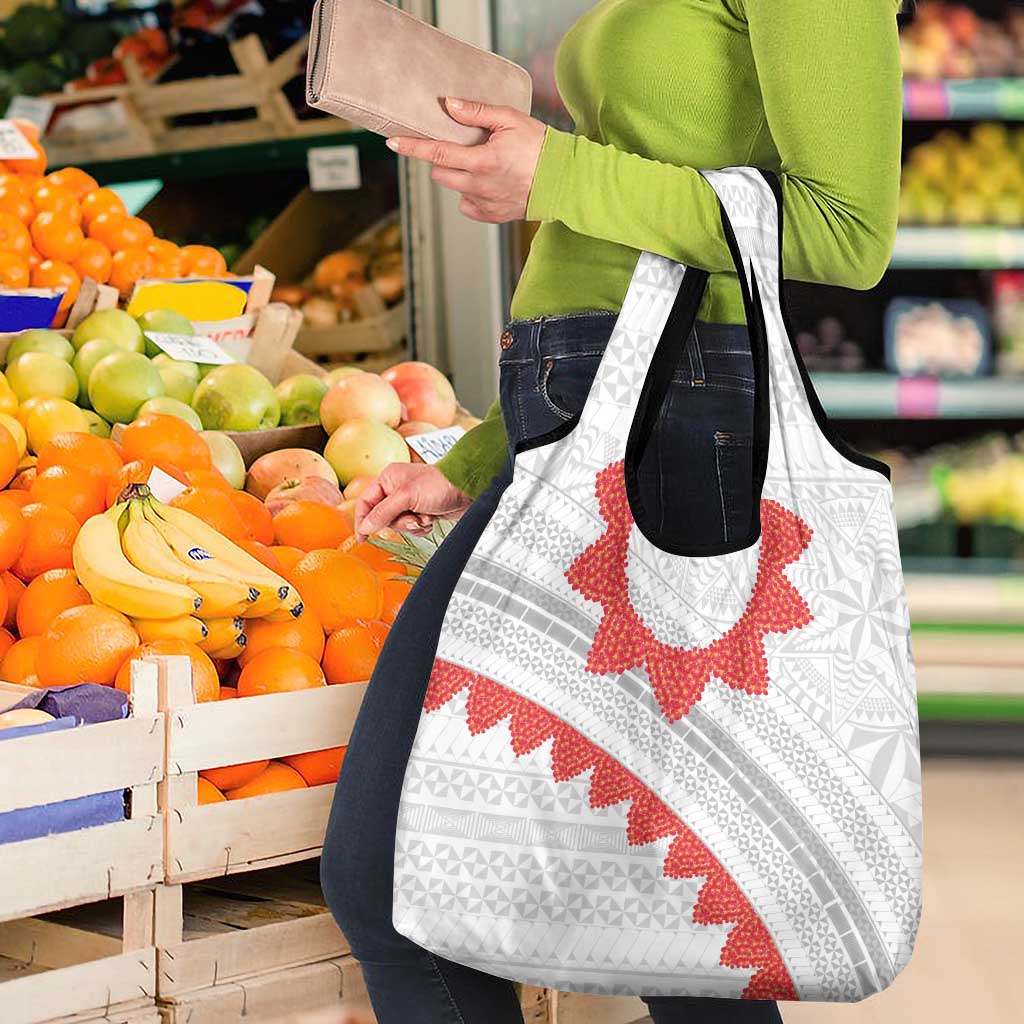 Tonga White Sunday Grocery Bag Heilala Flowers Tongan Ngatu Pattern