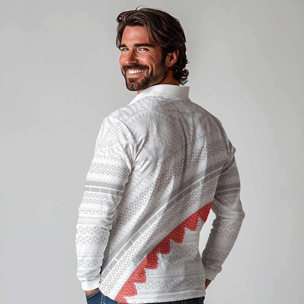 Tonga White Sunday Long Sleeve Polo Shirt Heilala Flowers Tongan Ngatu Pattern