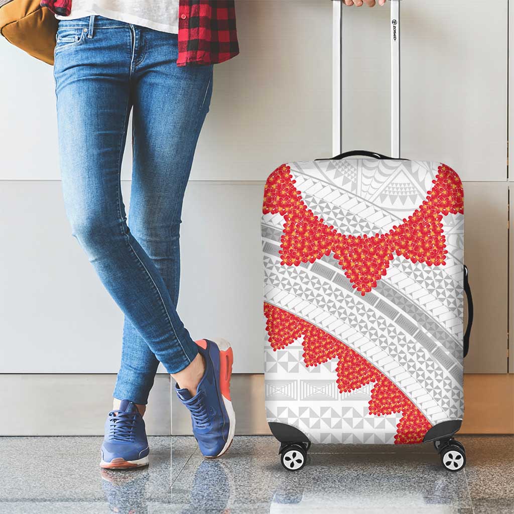 Tonga White Sunday Luggage Cover Heilala Flowers Tongan Ngatu Pattern