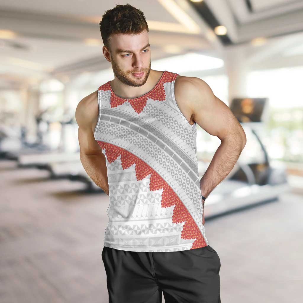 Tonga White Sunday Men Tank Top Heilala Flowers Tongan Ngatu Pattern LT14 White - Polynesian Pride