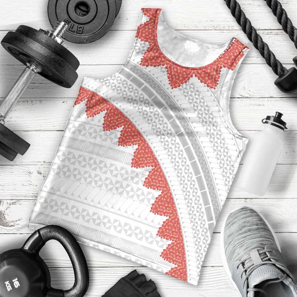 Tonga White Sunday Men Tank Top Heilala Flowers Tongan Ngatu Pattern LT14 - Polynesian Pride
