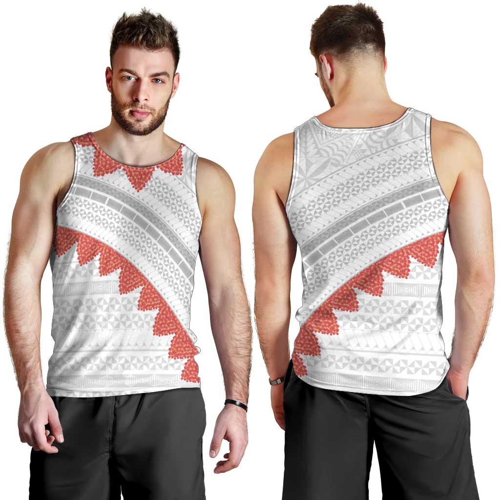 Tonga White Sunday Men Tank Top Heilala Flowers Tongan Ngatu Pattern LT14 - Polynesian Pride