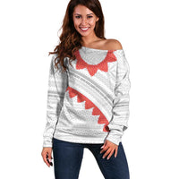 Tonga White Sunday Off Shoulder Sweater Heilala Flowers Tongan Ngatu Pattern