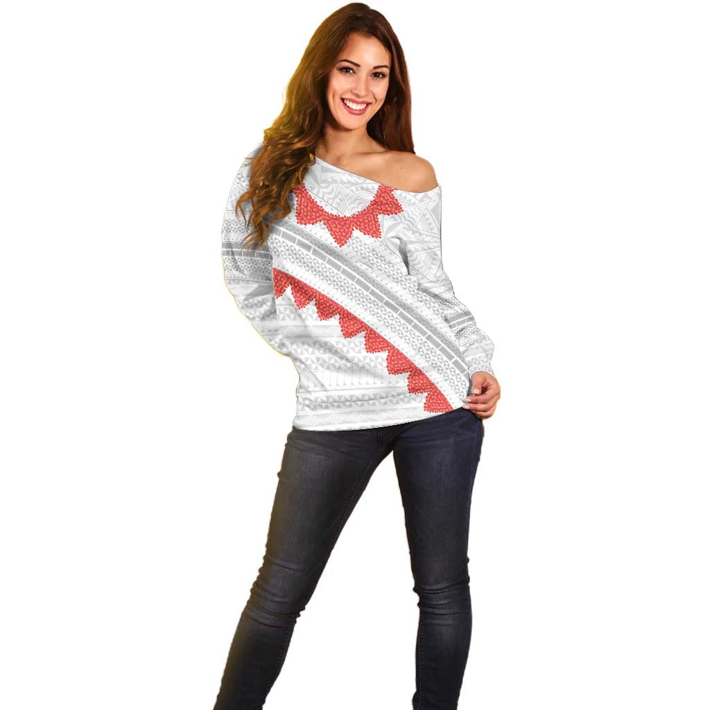 Tonga White Sunday Off Shoulder Sweater Heilala Flowers Tongan Ngatu Pattern