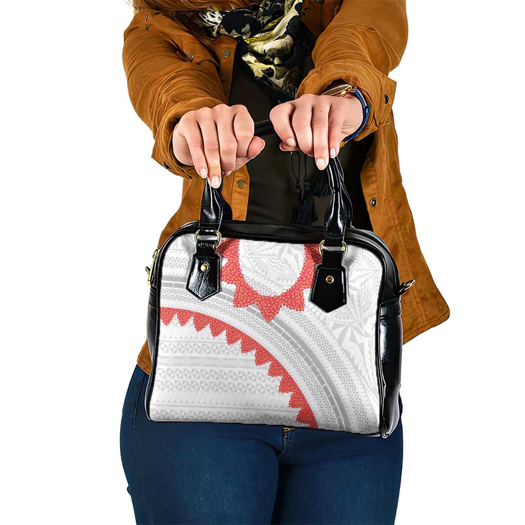 Tonga White Sunday Shoulder Handbag Heilala Flowers Tongan Ngatu Pattern