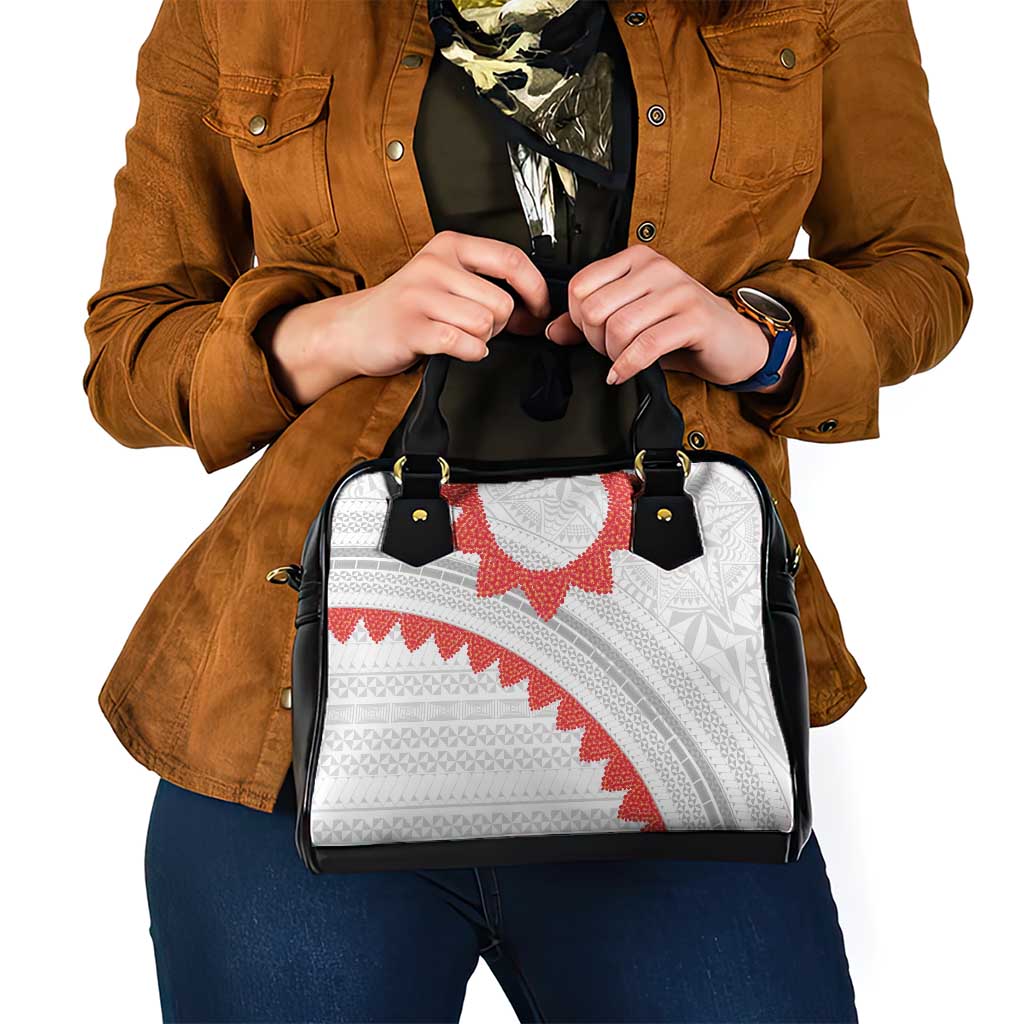 Tonga White Sunday Shoulder Handbag Heilala Flowers Tongan Ngatu Pattern