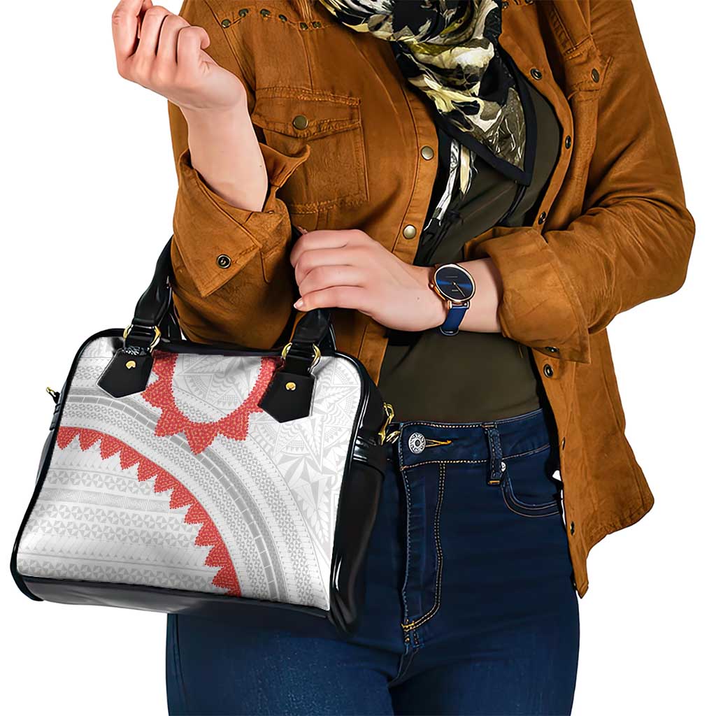 Tonga White Sunday Shoulder Handbag Heilala Flowers Tongan Ngatu Pattern
