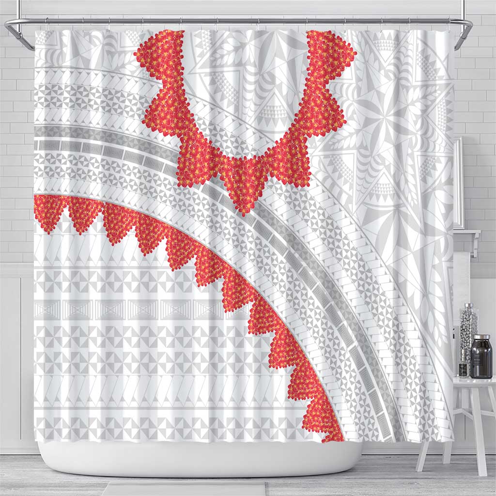 Tonga White Sunday Shower Curtain Heilala Flowers Tongan Ngatu Pattern LT14 - Polynesian Pride