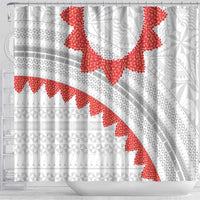 Tonga White Sunday Shower Curtain Heilala Flowers Tongan Ngatu Pattern LT14 - Polynesian Pride