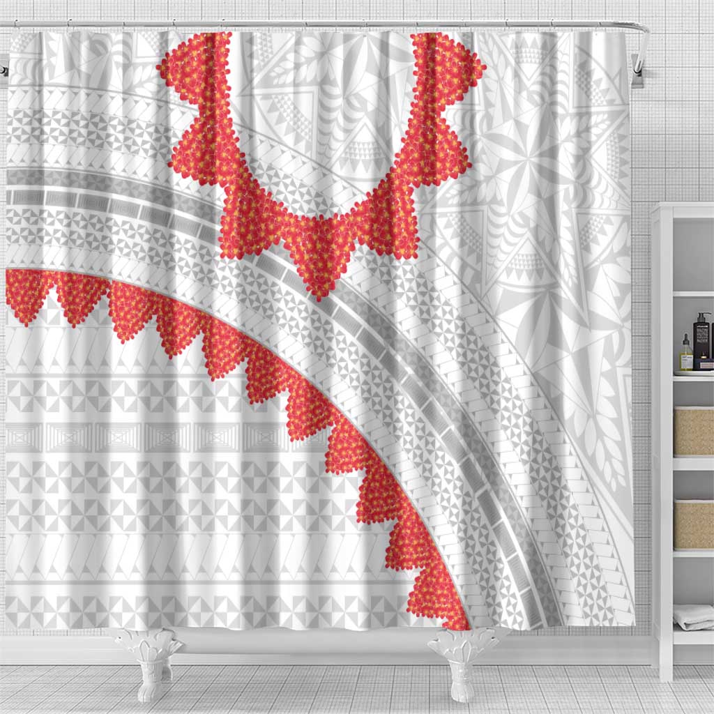 Tonga White Sunday Shower Curtain Heilala Flowers Tongan Ngatu Pattern LT14 - Polynesian Pride