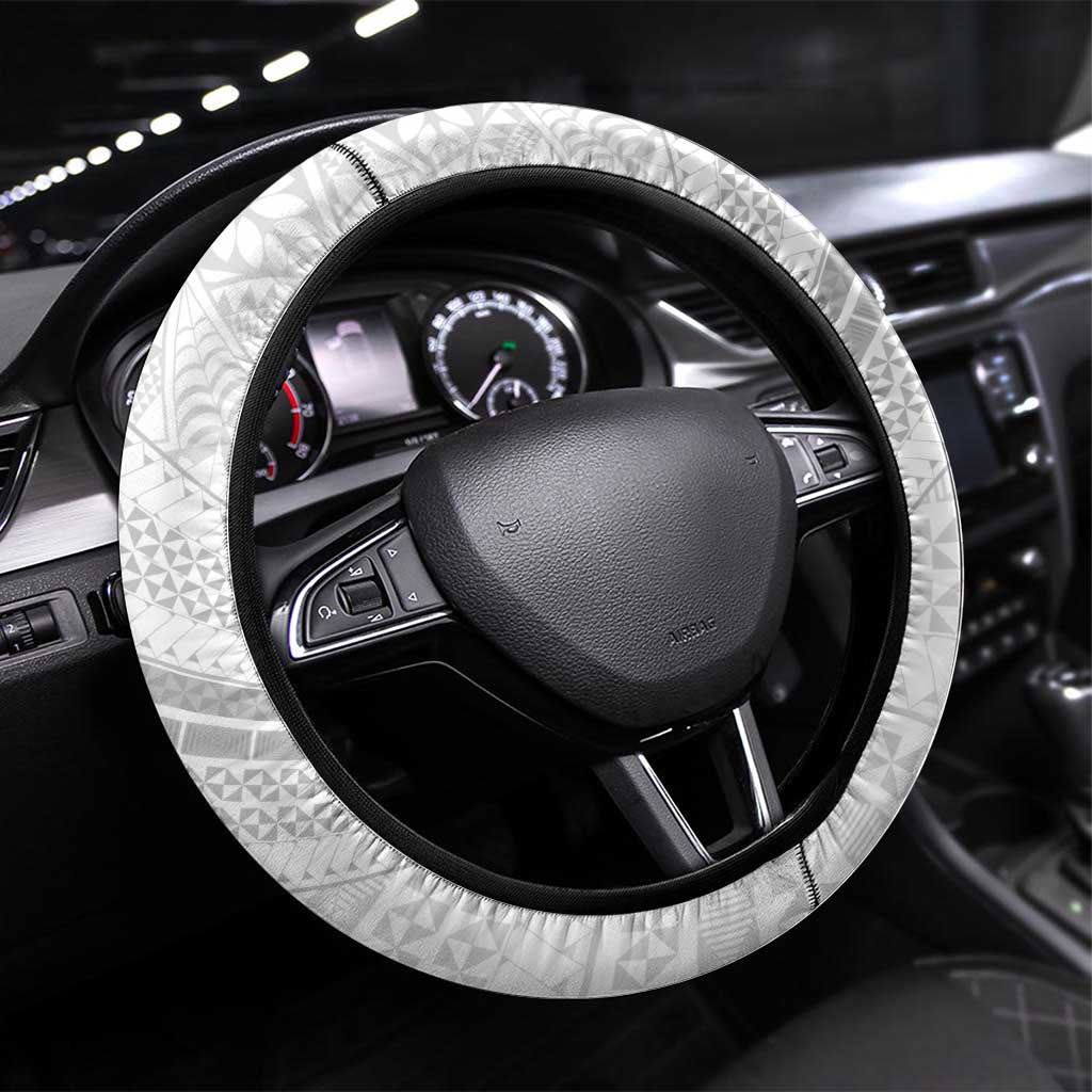Tonga White Sunday Steering Wheel Cover Heilala Flowers Tongan Ngatu Pattern