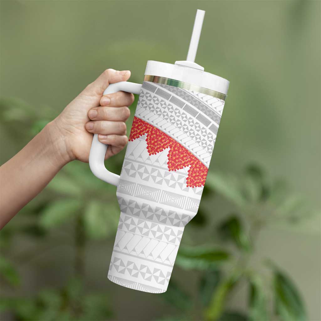 Tonga White Sunday Tumbler With Handle Heilala Flowers Tongan Ngatu Pattern